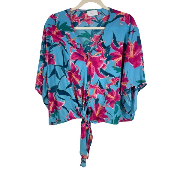 Adrienne Blue Hawaiian Floral Tie Front Top with Flowy Sleeves size M - Picture 1 of 7